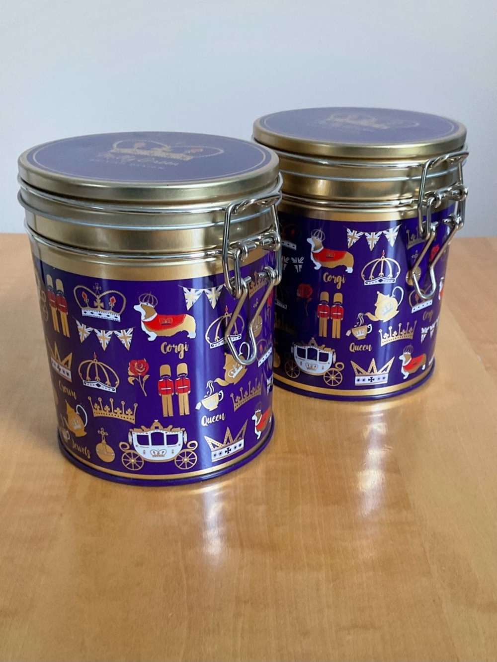 Milly Green British Royal Tea Tins Set of 2 Purple Gold Clamp Lid Storage